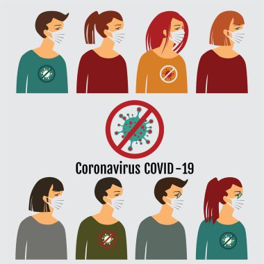 Maskeli insanların vektör çizimi. Coronavirus. Maske tak. Koronavirüsü durdur. Maske desenli insanoğlu