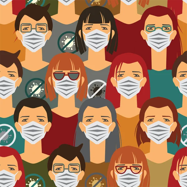 Vector Illustratie Van Gemaskerde Mensen Coronavirus Draag Een Masker Stop — Stockvector