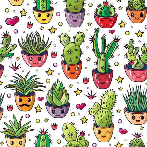 Vectorpatroon Set Van Verschillende Vetstoffen Cactussen Kawaii Leuke Illustratie Stijl — Stockvector