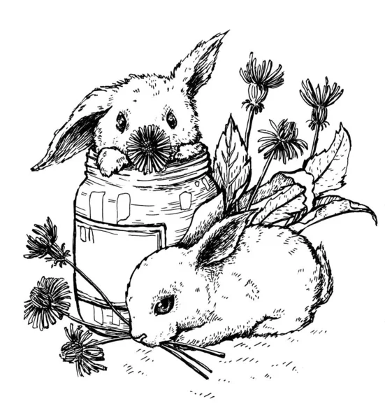 A graphical picture where the bunnies are preparing jam from dandelions