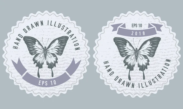 Diseño Etiquetas Monocromáticas Con Ilustración Ulysses Papilio Stock Illustration — Archivo Imágenes Vectoriales