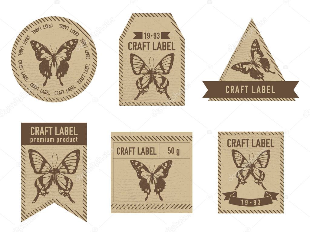 Craft labels vintage design with illustration of graphium weiskei, chorinea octauius stock illustration