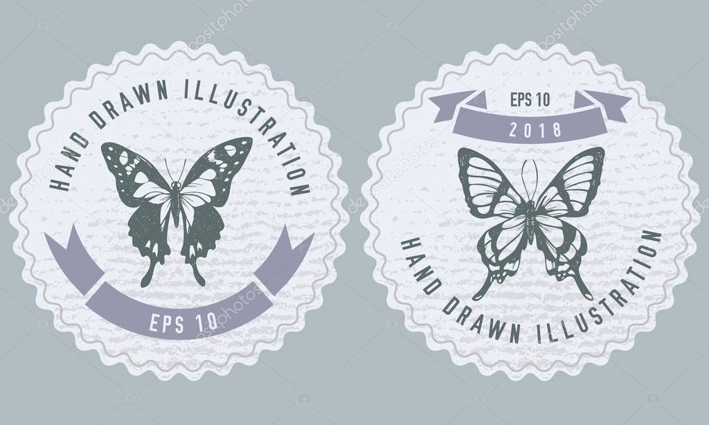 Monochrome labels design with illustration of graphium weiskei, chorinea octauius stock illustration