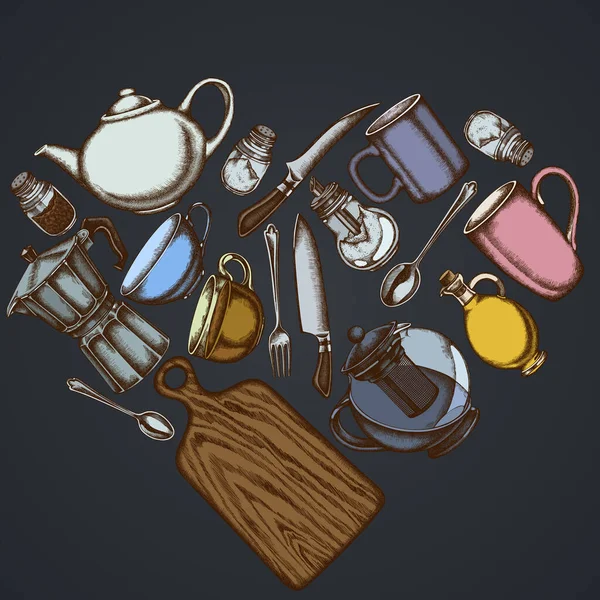 Дизайн серця на темному тлі з ножами кухарів, чайною ложкою, ложкою, виделкою, ножем, обробною дошкою, пляшкою олії, чайниками, кавовим горщиком, чашками, цукровою чашкою, шейкером, сіллю — стоковий вектор