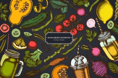 Limon, brokoli, turp, yeşil fasulye, kiraz domatesleri, pancar, yeşillik, havuç, fesleğen, balkabağı, smoothie cup, tütün kavanozları, salatalık, kereviz...