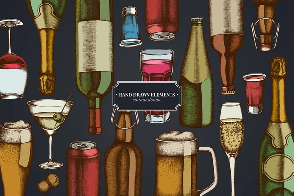 Design em fundo escuro com vidro, champanhe, caneca de cerveja, bebida alcoólica, garrafas de cerveja, garrafa de vinho, copo de champanhe, copo de vinho, copo de martini, lata de alumínio — Vetor de Stock