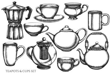 Siyah beyaz kahve fincanları, çaydanlıklar, kahve demliği, fincanlar.