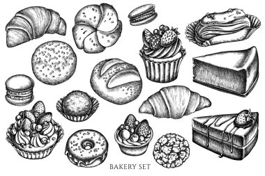 Siyah beyaz makarna, çörek ve ekmek, kruvasan ve ekmek, cheesecake, eclair, cupcake, cake, donut, kurabiye, mantar, kek, tart...