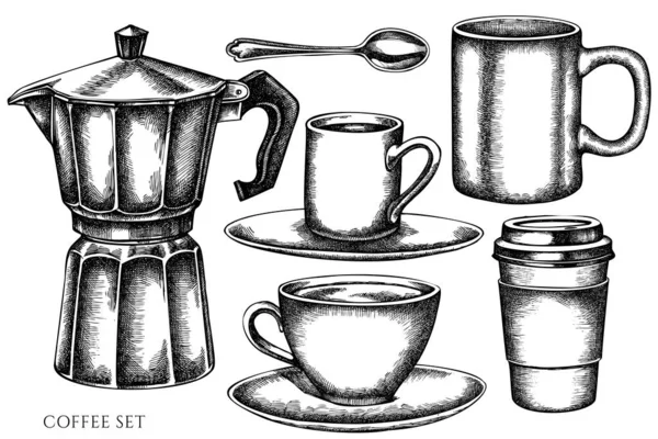 Векторный набор черно-белых кофейных чашек, чайная ложка, бумажная чашка, чашка эспрессо, кофейник, чашки — стоковый вектор