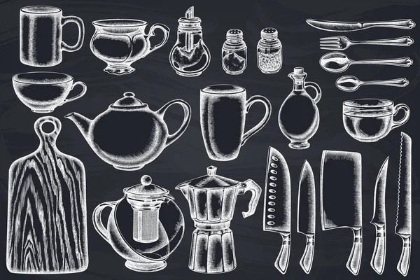 Vector conjunto de tiza dibujada a mano Chefs cuchillos, cucharadita, cuchara, tenedor, cuchillo, tabla de cortar, botella de aceite, teteras, cafetera, tazas, tazón de azúcar, agitador de pimienta, salero — Archivo Imágenes Vectoriales