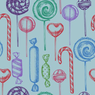 Renkli lolipopla kusursuz desen, şekerler el çizimi çizimi.