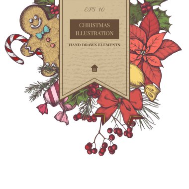 Renkli süslemeleri olan vektör kompozisyonu, zencefilli çörekler, lolipop, rowan, poinsettia, çoban püskülü, çam dalı, ladin