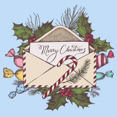 Renkli harfler, şekerler, harf, kutsal çam dalı, ladin, lolipop içeren vektör kompozisyonu