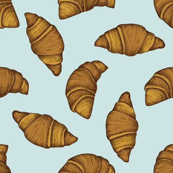Patrón sin costura con croissants coloreados dibujados a mano y pan — Archivo Imágenes Vectoriales
