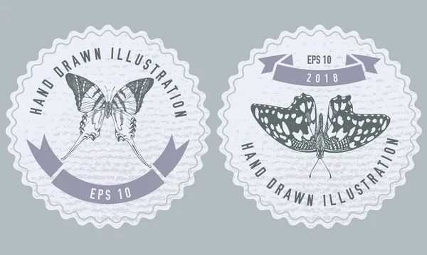 Diseño de etiquetas monocromáticas con ilustración de androcles del graphium, papilio demoleus — Archivo Imágenes Vectoriales