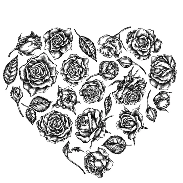 Цветочный дизайн сердца с черно-белыми розами — стоковый вектор