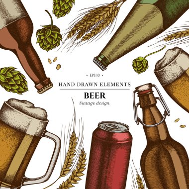 Renkli elementler tasarımı çavdar, hop, bir kupa bira, bira şişeleri, alüminyum kutu