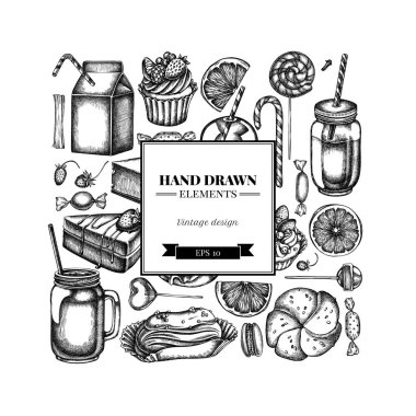 Siyah beyaz tarçın, makarna, lolipop, bar, şeker, portakal, çörek ve ekmek, kruvasan ve ekmek, çilek, süt kutuları, smoothie cup, lolipop, füme kavanozlar, cheesecake