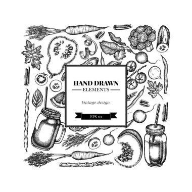 Siyah ve beyaz limonlu kare tasarım, brokoli, turp, yeşil fasulye, kiraz domatesleri, pancar, yeşillik, havuç, fesleğen, balkabağı, smoothie cup, tütün kavanozları, salatalık, kereviz