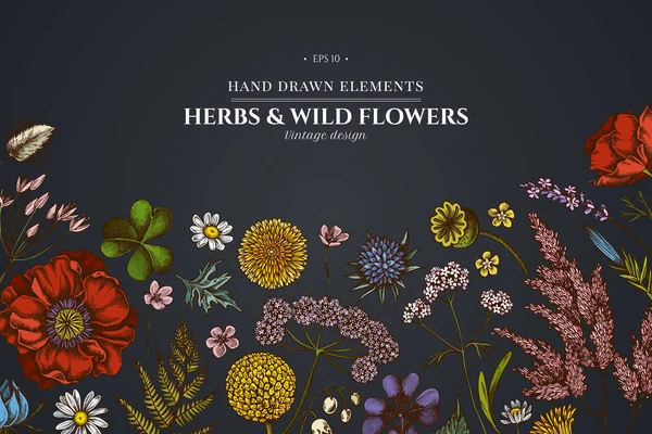 Koyu arka planda çoban çantasıyla birlikte çiçek tasarımı, heather, eğreltiotu, yabani sarımsak, yonca, globethistle, gentiana, astilbe, craspedia, lagurus, siyah karanfil, papatya, karahindiba, karahindiba, gelincik çiçeği, zambak çiçeği,