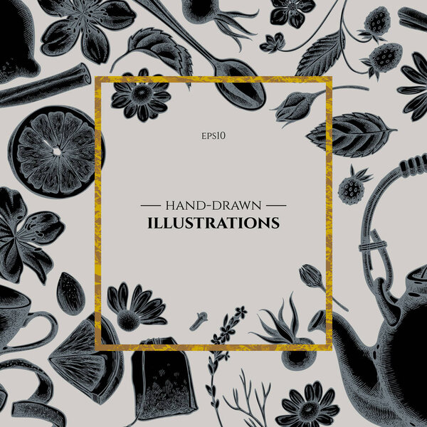 Значок над дизайном с корицей, лимоны, апельсины, пакетик чая, кубики сахара, вереск, ромашка, собачья роза, мята перечная, миндаль, клубника, чайная ложка, чайники, чашки, сахарная чашка
