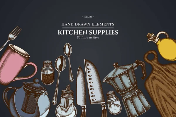 Дизайн на темному фоні з кухарями ножами, чайною ложкою, ложкою, виделкою, ножем, обробною дошкою, пляшкою олії, чайниками, кавовим горщиком, чашками, цукровою чашкою, шейкером, сіллю — стоковий вектор
