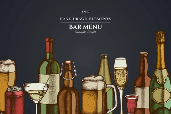 Design op donkere achtergrond met glas, champagne, mok bier, alcohol shot, flessen bier, fles wijn, glas champagne, glas wijn, glas martini, aluminium kan — Stockvector