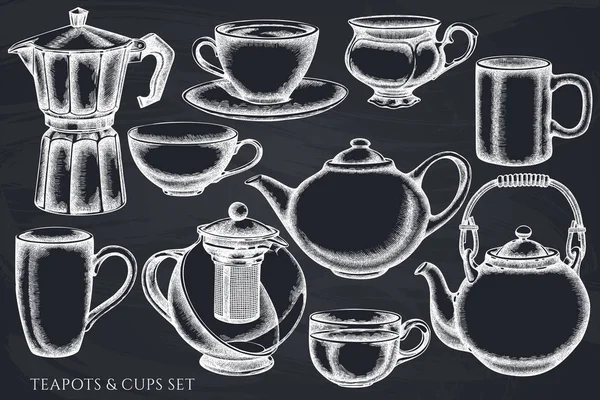 Conjunto vetorial de copos de café giz desenhado à mão, bules, cafeteira, copos — Vetor de Stock
