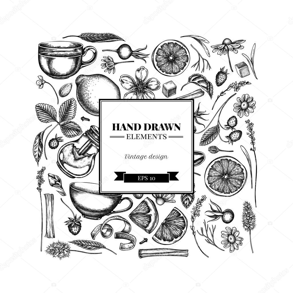 Square design with black and white cinnamon, lemons, oranges, tea bag, sugar cubes, heather, chamomile, dog rose, peppermint, almond, strawberry, teaspoon, teapots, cups, sugar bowl
