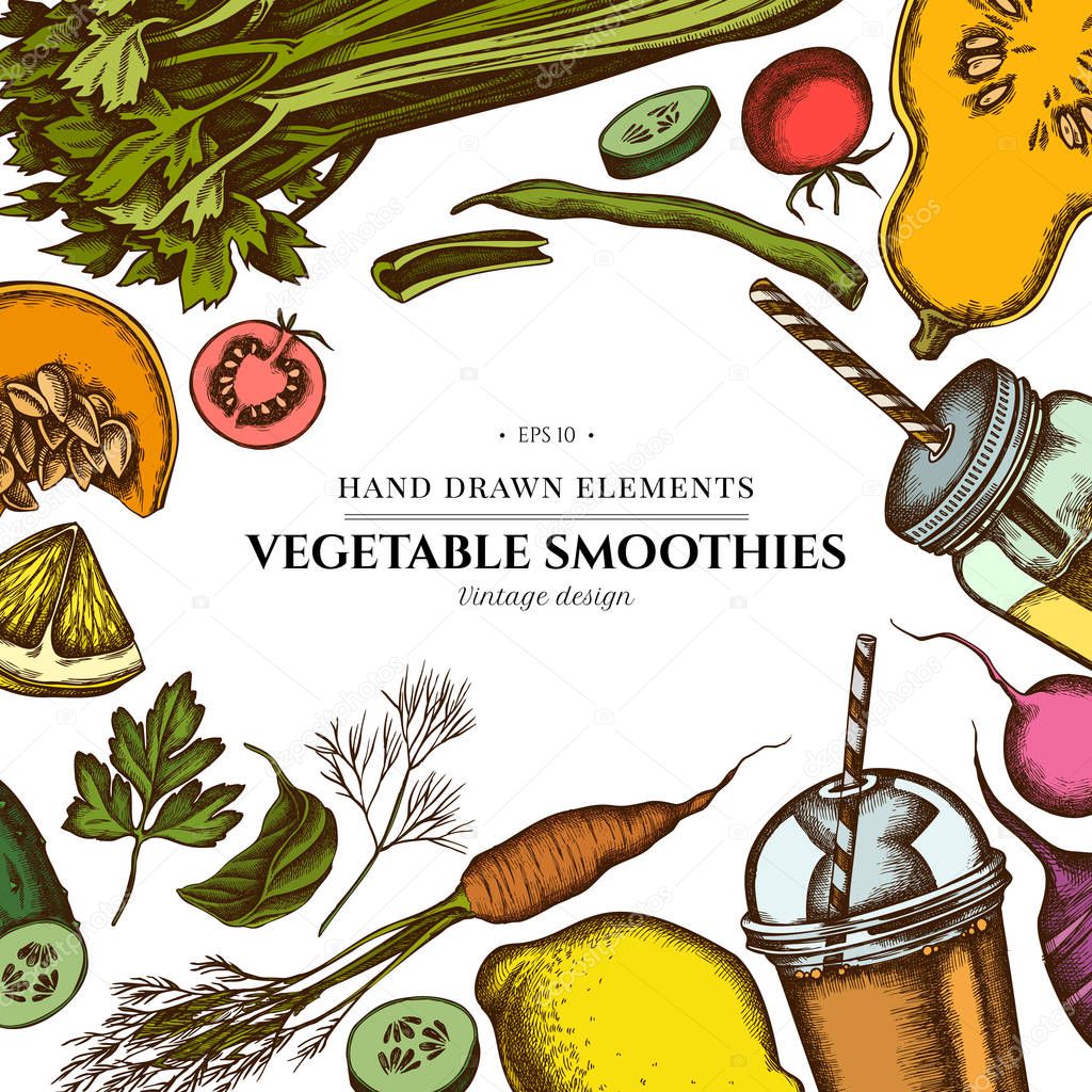 Colored elements design with lemons, broccoli, radish, green beans, cherry tomatoes, beet, greenery, carrot, basil, pumpkin, smoothie cup, smothie jars, cucumber, celery