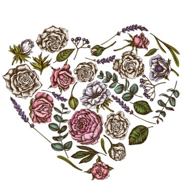 Renkli güller, şakayık, okaliptüs, lavanta, şakayık, viburnum