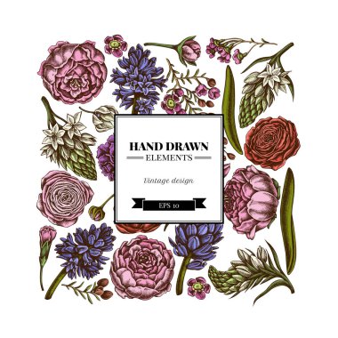 Renkli şakayık, karanfil, ranunculus, balmumu, ornithogalum, sümbül desenli kare desenli.