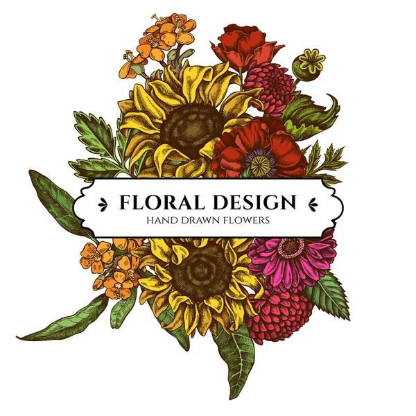 Desain buket bunga dengan bunga poppy berwarna, gerbera, bunga matahari, milkweed, dahlia, veronica - Stok Vektor