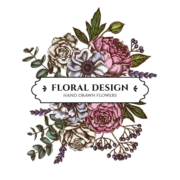 Diseño de ramo floral con rosas de colores, anémona, eucalipto, lavanda, peonía, viburnum — Vector de stock