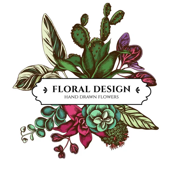 Desain buket bunga dengan warna ficus, iresine, kalanchoe, calathea, guzmania, kaktus - Stok Vektor