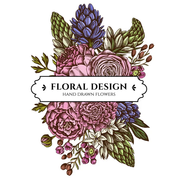 Diseño de ramo floral con peonía de colores, clavel, ranúnculo, flor de cera, ornitogalo, jacinto — Vector de stock