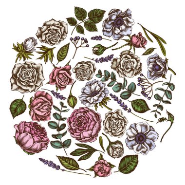 Renkli güller, şakayık, okaliptüs, lavanta, şakayık, viburnum