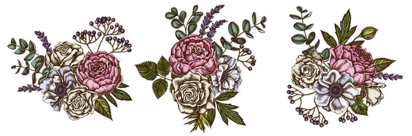 Цветочный букет цветных роз, анемона, эвкалипта, лаванды, пиона, вибурнума — стоковый вектор