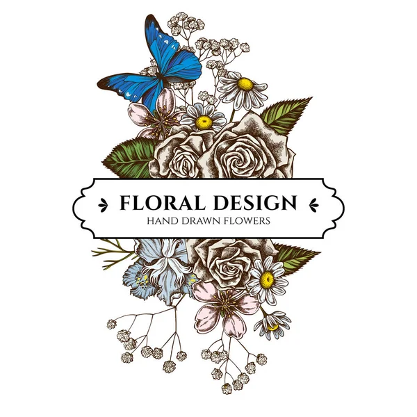 Diseño de ramo floral con iris japonica de colores, gypsophila, manzanilla, almendra, morfo azul, rosas — Vector de stock