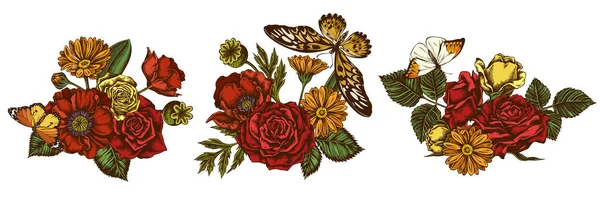 Bloemenboeket van gekleurde papaver bloem, calendula, Afrikaanse reuzenzwaluwstaart, grote oranje-tip, gewone tijger, rozen — Stockvector