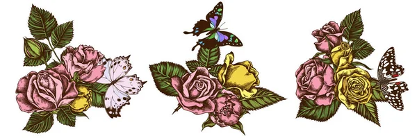 Цветочный букет цветной лимонной бабочки, фиолетовый пятнистый ласточковый хвост, перламутровый лес, розы — стоковый вектор
