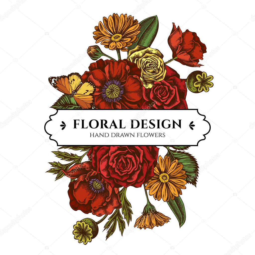 Floral bouquet design with colored poppy flower, calendula, plain tiger, roses