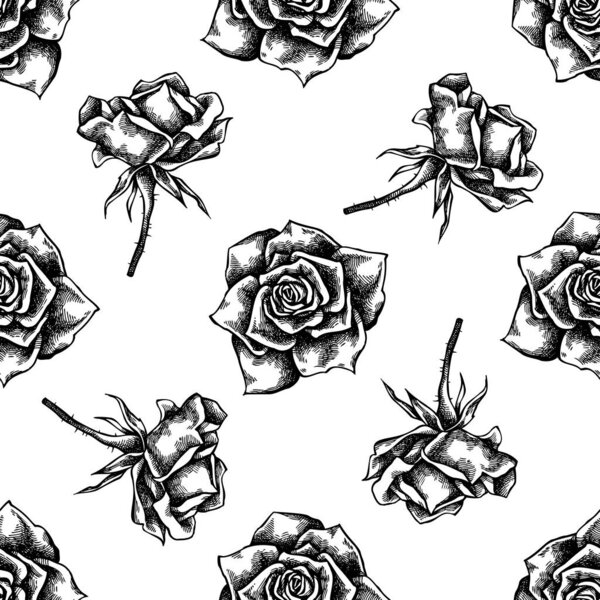 Бесшовный узор с черно-белыми розами
