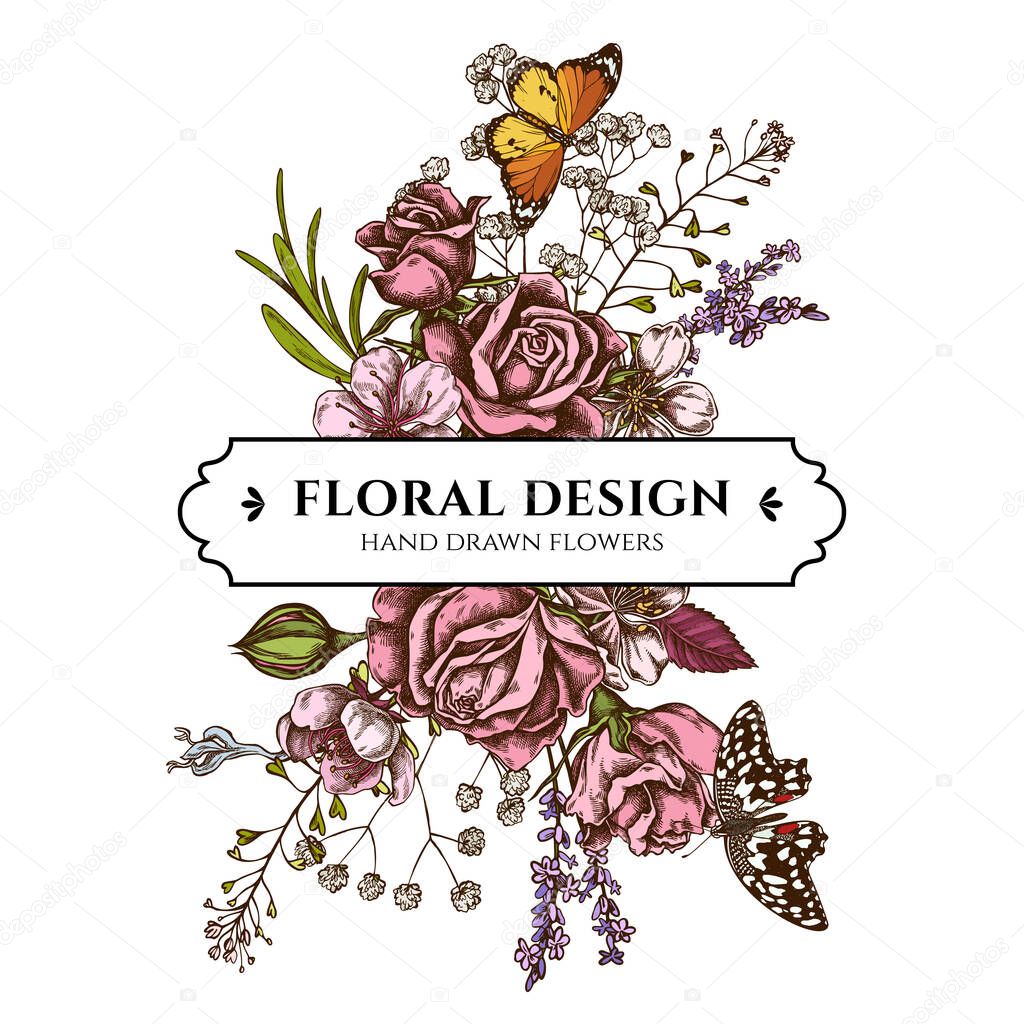 Floral bouquet design with colored shepherds purse, heather, iris japonica, sakura, gypsophila, almond, lemon butterfly, plain tiger, roses