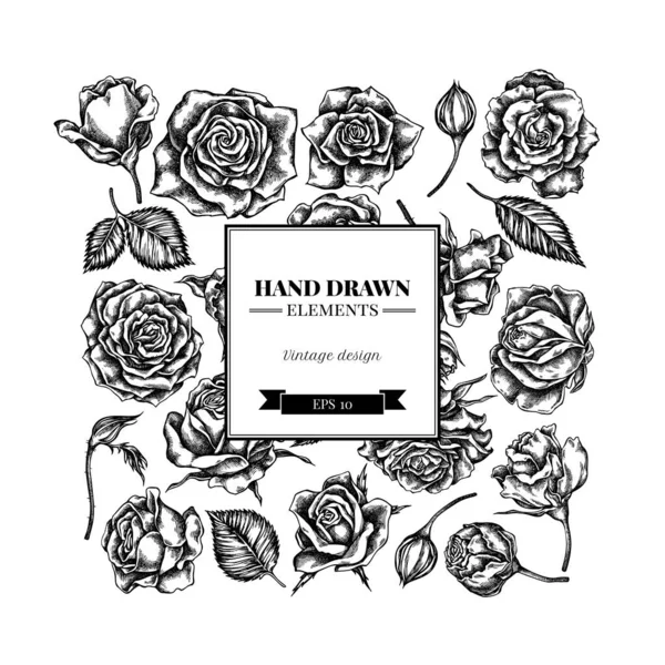 Diseño floral cuadrado con rosas blancas y negras — Vector de stock
