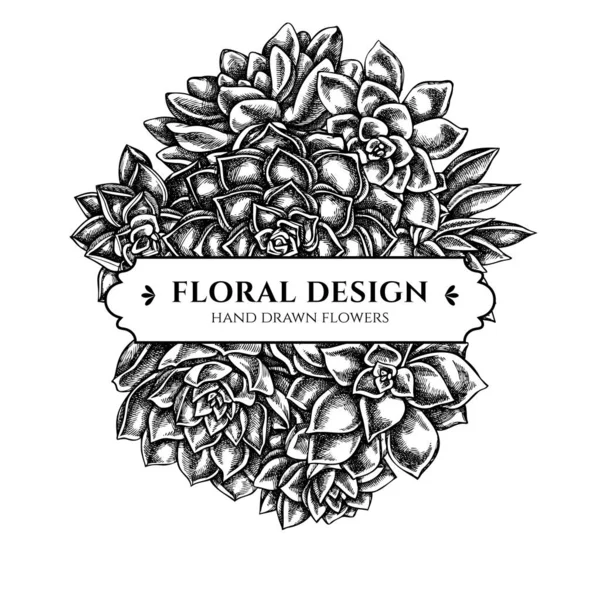 Diseño de ramo floral con equeveria suculenta en blanco y negro, equeveria suculenta, suculenta — Vector de stock
