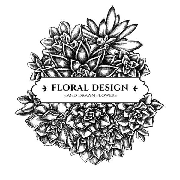 Diseño de ramo floral con equeveria suculenta en blanco y negro, equeveria suculenta, suculenta — Vector de stock