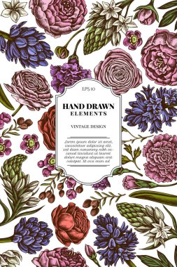 Renkli şakayık, karanfil, ranunculus, balmumu, ornithogalum, sümbül desenli kart tasarımı.