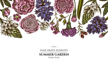 Renkli şakayık, karanfil, ranunculus, balmumu, ornithogalum, sümbül desenli çiçek tasarımı.