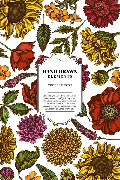 Projekt karty z kolorowym kwiatem maku, gerbera, słonecznik, mleczko, dahlia, veronica — Wektor stockowy